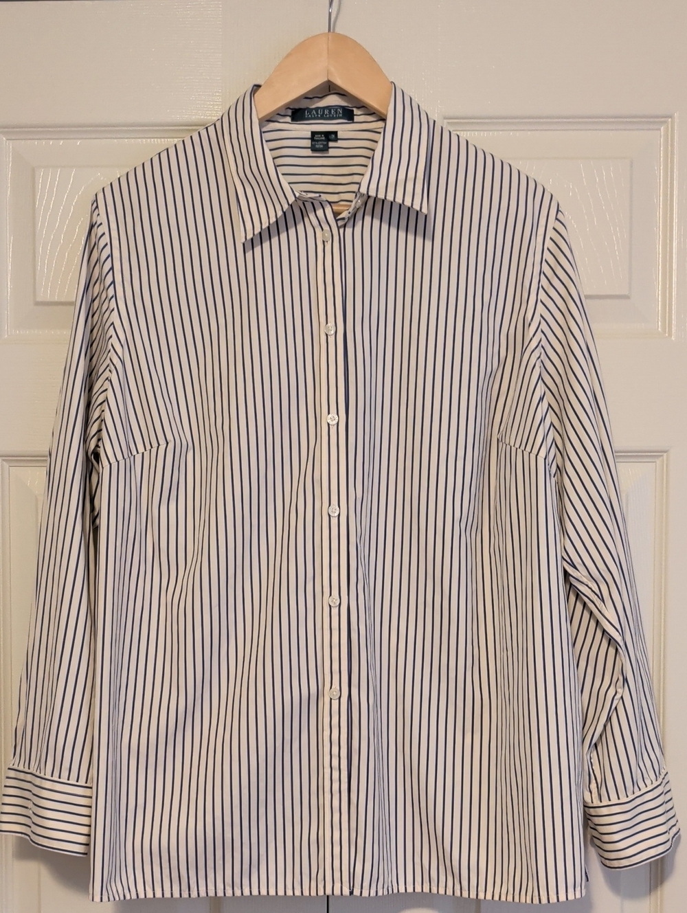Ralph Lauren Off White And Blue Striped Button Down Shirt Preppy Cotton Plus